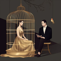 Beautiful woman sits in golden cage, man sits next to her and guards her, graphic drawing. Concept of individual freedom, jealousy, relationships in marriage, generative ai
