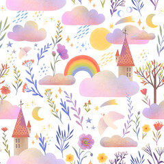 Seamless pattern includes wonderful flowers, birds, rainbows, a castle and clouds. On a white background.