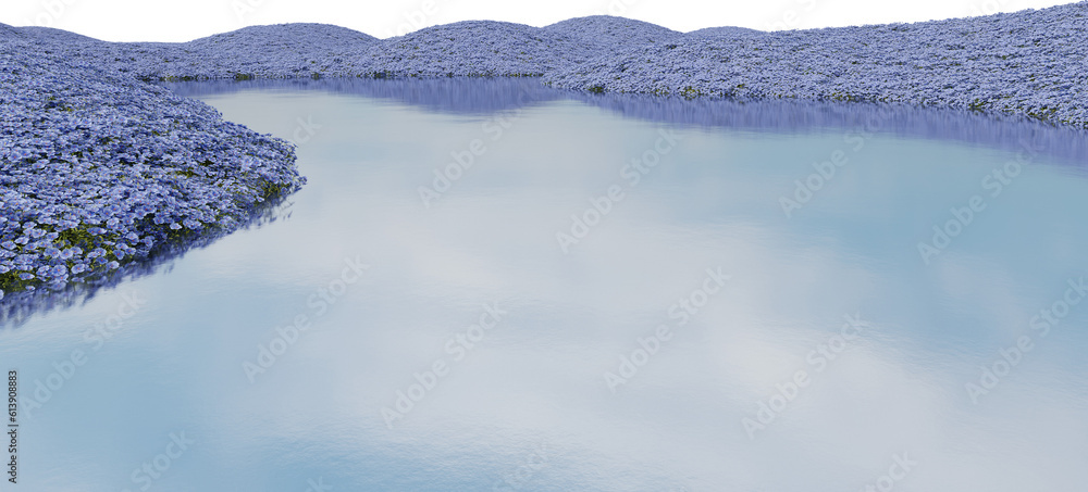 Poster realistic flower field and river. 3d rendering of isolated objects.