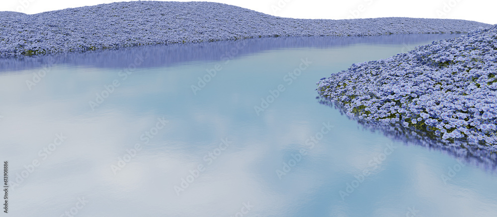 Poster realistic flower field and river. 3d rendering of isolated objects.