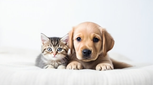 Cute puppy and kitten looking at the camera