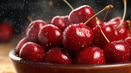  A bowl full of fresh sweet cherries is created by artificial intelligence.