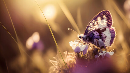 Purple butterfly on flower in rays of morning light, golden nature background, copy space