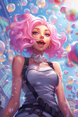 Obraz na płótnie Canvas Cartoon drawn anime girl with pink hair against a blue sky with abstract bubbles. Manga style.