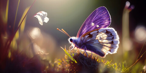 Butterfly on a flower meadow in the rays of the setting sun, nature background, copy space