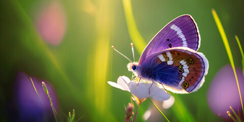 Purple butterfly on flower in morning light, green nature background, copy space