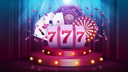 Cartoon red round podium with Casino slot machine, Wheel Fortune, Roulette wheel, poker chips and playing cards on background with curtain and spotlight