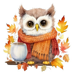 Watercolor Cute Autumn Owl Clipart Sublimation