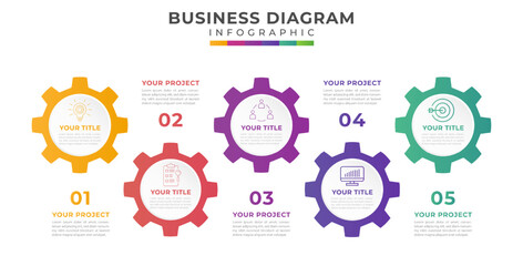 5 steps Timeline diagram with chart gears. presentation vector infographic template for business.