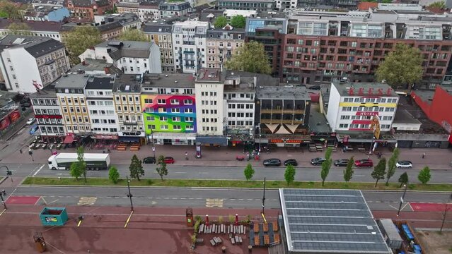 Drone shot of Reeperbahn (die s&uuml;ndigste Meile and Kiez).The Reeperbahn is a street and entertainment district in Hamburg's St. Pauli district, one of the two centres of Hamburg's nightlife .