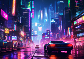 An illustration of a futuristic city at night and a sci-fi vision of a futuristic neon city. A cyberpunk neon city illuminated with vivid blue, purple and red lights. AI generated.