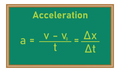 Naklejka premium Average acceleration formula. Acceleration, speed and time formula. Physics resources for teachers and students. Vector illustration isolated on white chalkboard.