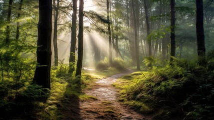 Misty forest clearing, with dappled sunlight filtering through the trees, and a hidden path leading into the unknown