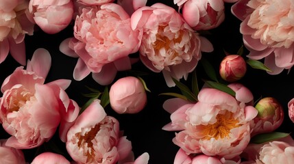 Beautiful pink peony flowers, seamless background. AI generative image.