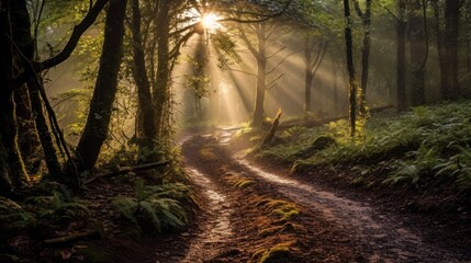 Obraz premium Misty forest clearing, with dappled sunlight filtering through the trees, and a hidden path leading into the unknown