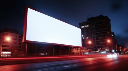 Glowing empty clean billboard with copy space in the big modern city at night. Cityscape outdoor background. AI generative image.