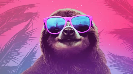 Fotobehang Vaporwave stylish pop art illustration with sloth wearing sunglasses on summer palm trees background. Retro placard template. AI generative image. © vlntn