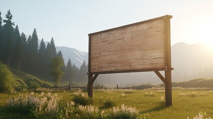 Empty clean wooden billboard with copy space on summer roadside landscape. Advertising platform template. AI generative image.