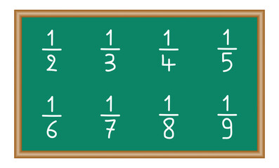 Unit fraction number. Half, third, quarter, fifth, sixth, seventh, eighth, ninth, tenth. Numerator, denominator and fraction bar. Vector illustration isolated on white background.
