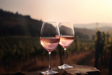 Two glasses of pink wine in the background of a vineyard generative AI technology