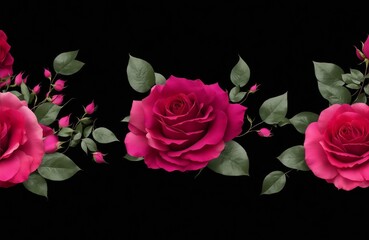 Rose flower border on black background, abstract flora banner, generative ai