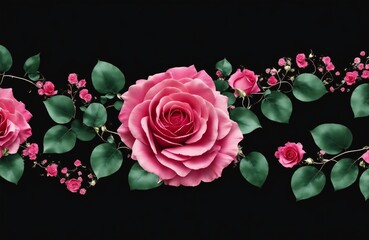 Rose flower border on black background, abstract flora banner, generative ai