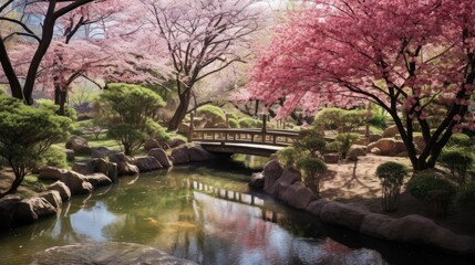 Fototapeta na wymiar Serene garden scene with blooming cherry blossoms, tranquil ponds, and a sense of harmony and balance