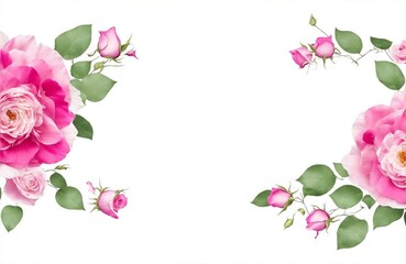 Rose flower border on white background, abstract flora banner, generative ai