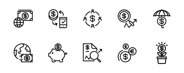 Money income icon set. Pension fund, profit growth, piggy bank, finance capital minimal vector illustration. Simple outline signs for investment. 