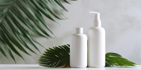 AI Generated. AI Generative. Beauty spa health care cosmetic spa bottles mockup with green eco leaf plant. Graphic Art