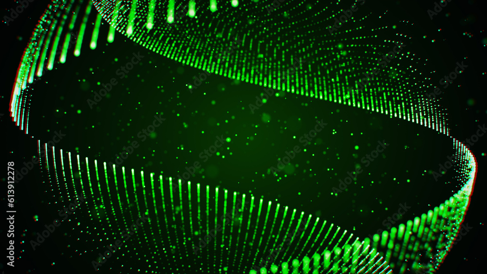 Poster abstract space green shiny blurry focus swirl wave pattern dots lines border frame with glitter spar