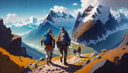 Journeying Heights: Adventurous Couple Conquering Majestic Mountain Peaks, Generative AI
