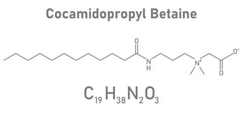 Chemical structure of Cocamidopropyl Betaine (C19H38N2O3). Chemical resources for teachers and students. Vector illustration.