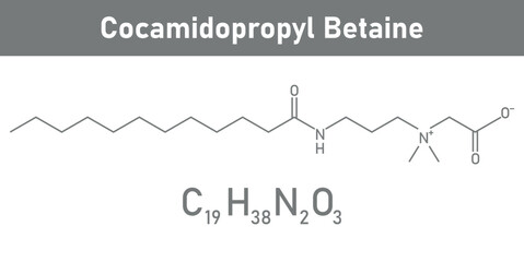 Chemical structure of Cocamidopropyl Betaine (C19H38N2O3). Chemical resources for teachers and students. Vector illustration.