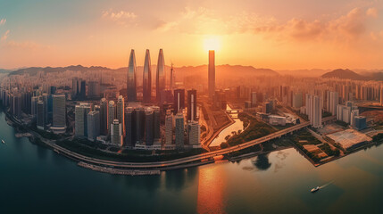 Aerial Drone Sunrise Scene view of Seol Downtown Skyline with Han River. Korea. Financial district business center, Skyscraper and high-rise buildings in smart urban city in Asia, ai generate
