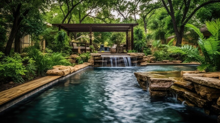 Fototapeta na wymiar A Backyard Hideaway with a Harmonious Pool