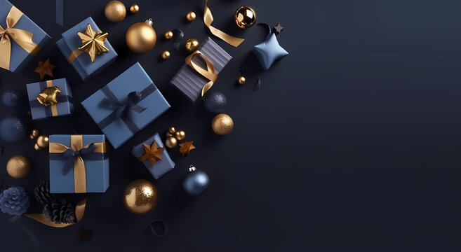 A Colorful Christmas Background With Blue Boxes And Gold Wrapping Around Them