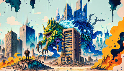 A Post-Apocalyptic Cityscape with a Giant Mutated Monster Attacking the Remains of the City, Generative AI.