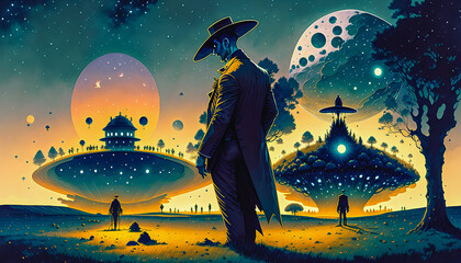 A Thrilling Illustration of a Scary Gentleman standing on the Meadow, facing the Dangerous Mothership UFO, Generative AI.