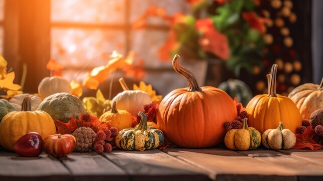 Autumn still life. Thanksgiving day background. AI generative image.