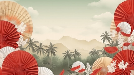 Umbrellas with mountain and coconut trees as backgorund