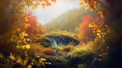 Fototapeta na wymiar Beautiful and picturesque autumn landscape. Outdoor cozy background with copy space. AI generative image.