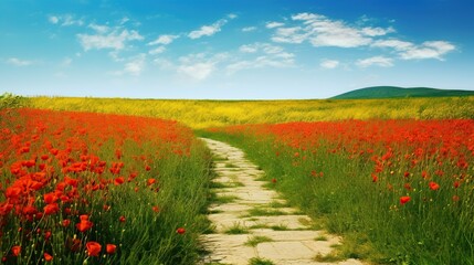 Yellow brick road through green meadows with red poppy flowers, fantasy summer outdoor background. AI generative. - obrazy, fototapety, plakaty