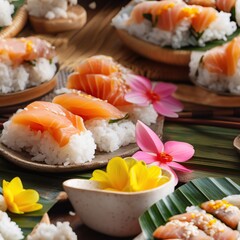 Seamless pattern with fresh and delicious sushi rolls with salmon and rice. Endless texture. Restaurant food wallpaper background. AI generative image.