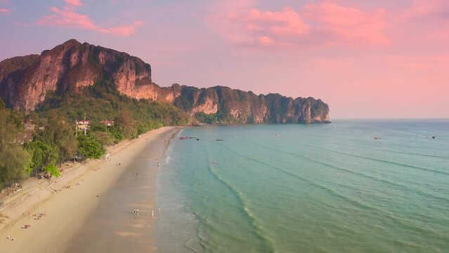 Railay beach on Krabi. One of Thailand's most famous luxurious beach. Aerial drone view 4K.