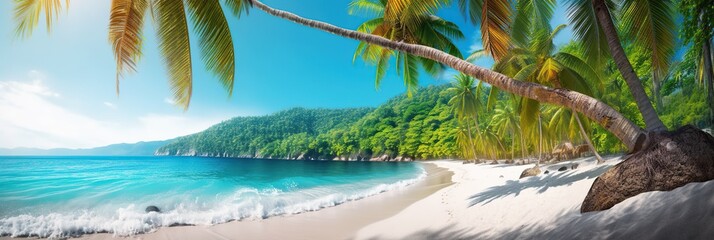 Panoramic banner for web traveling site with beautiful tropical beach scene with palm trees and sandy sea coast. Outdoor nature horizontal background. AI generative image.