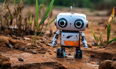 Little cute robot getting social,  android robot, near-future technology concept.