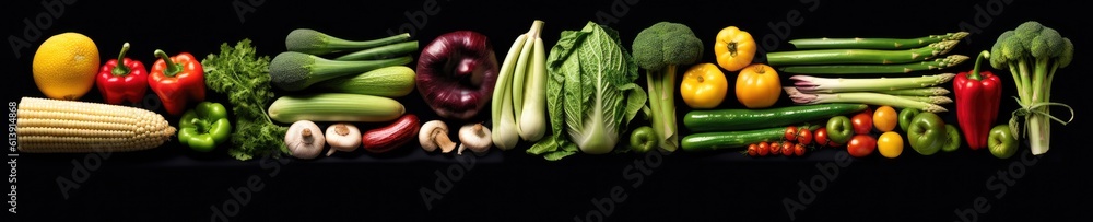 Wall mural beautiful and colorful vegetables banner with black background generative ai illustration