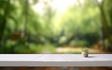 Wooden table for product display with blurred park or garden background and empty space for product advertisement generative ai