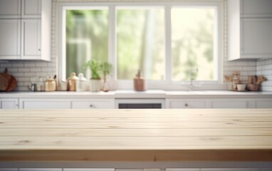 Fototapeta na wymiar Wooden counter table top with blur kitchen room background generative ai